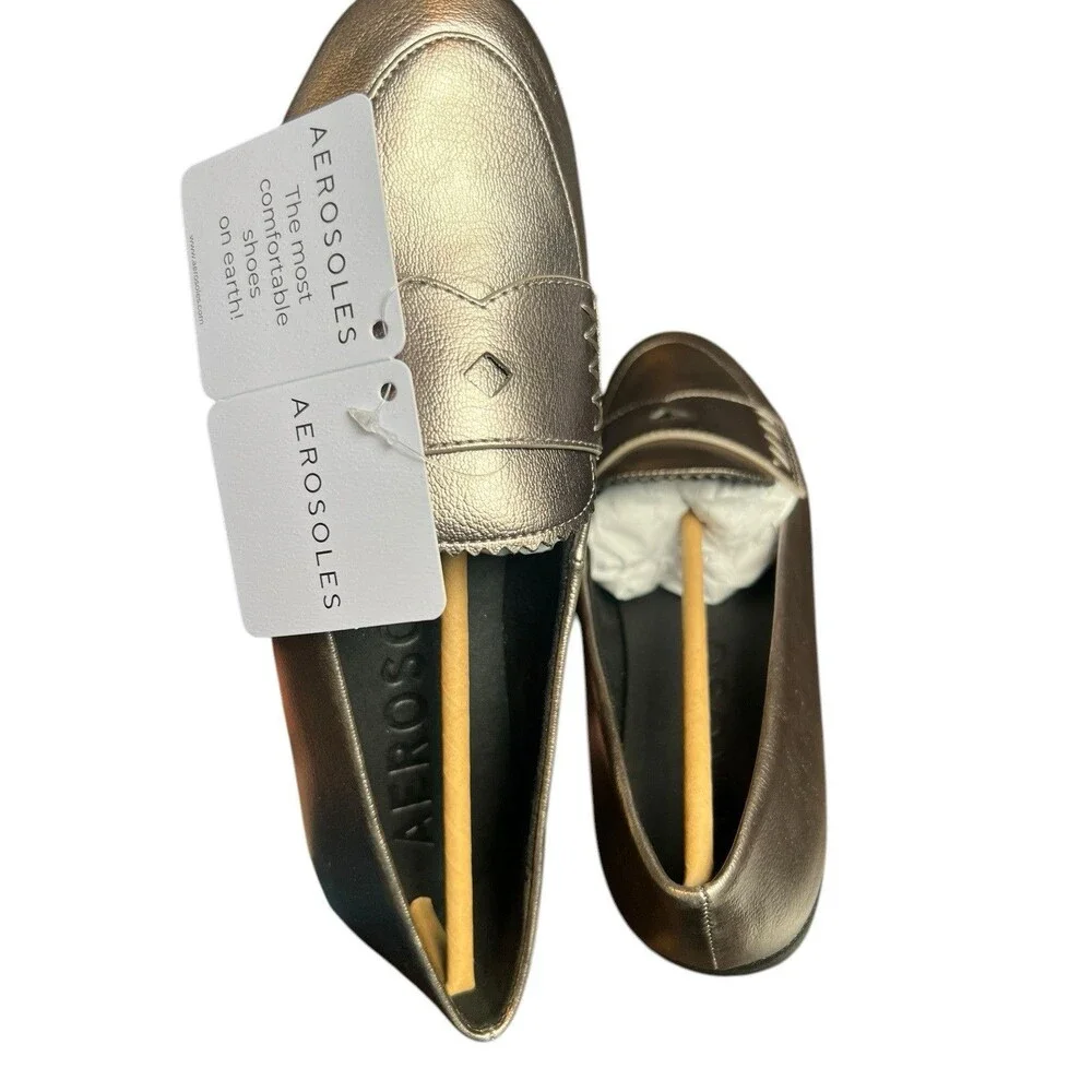 Aerosoles Benvenuto Loafers Metallic Silver Leather 5.5 W NIB Stitch ‘N‎ Turn